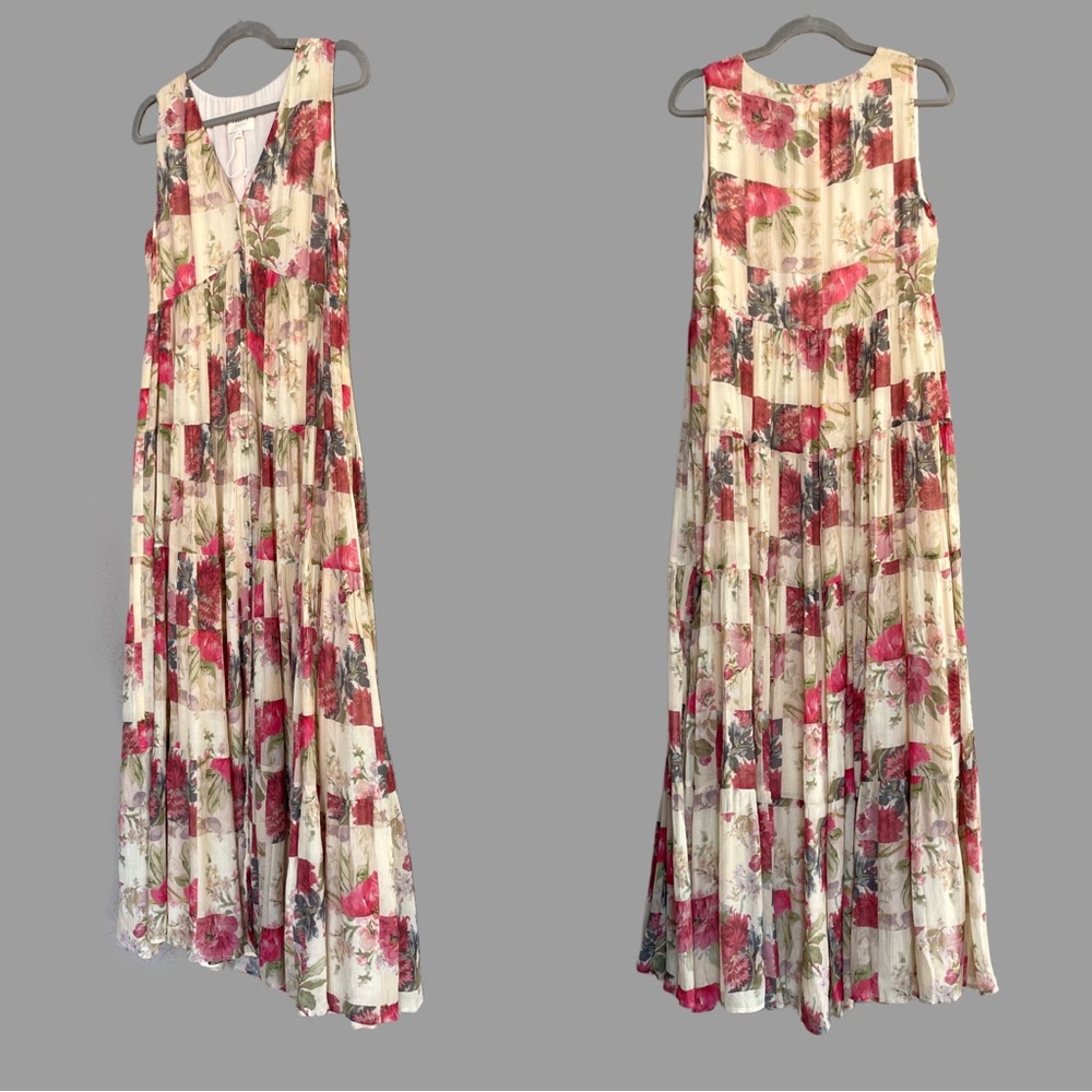 SEZANE Cream Red Rose Floral Patchwork Sleeveless Flowy Silk Alameda Maxi Dress - Picture 9 of 14